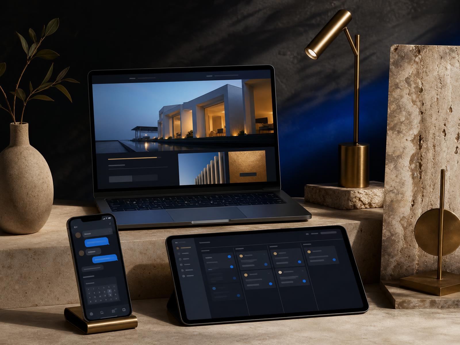 Composición con laptop, teléfono y tablet mostrando sitio, mensajes y tablero de prospectos de un despacho