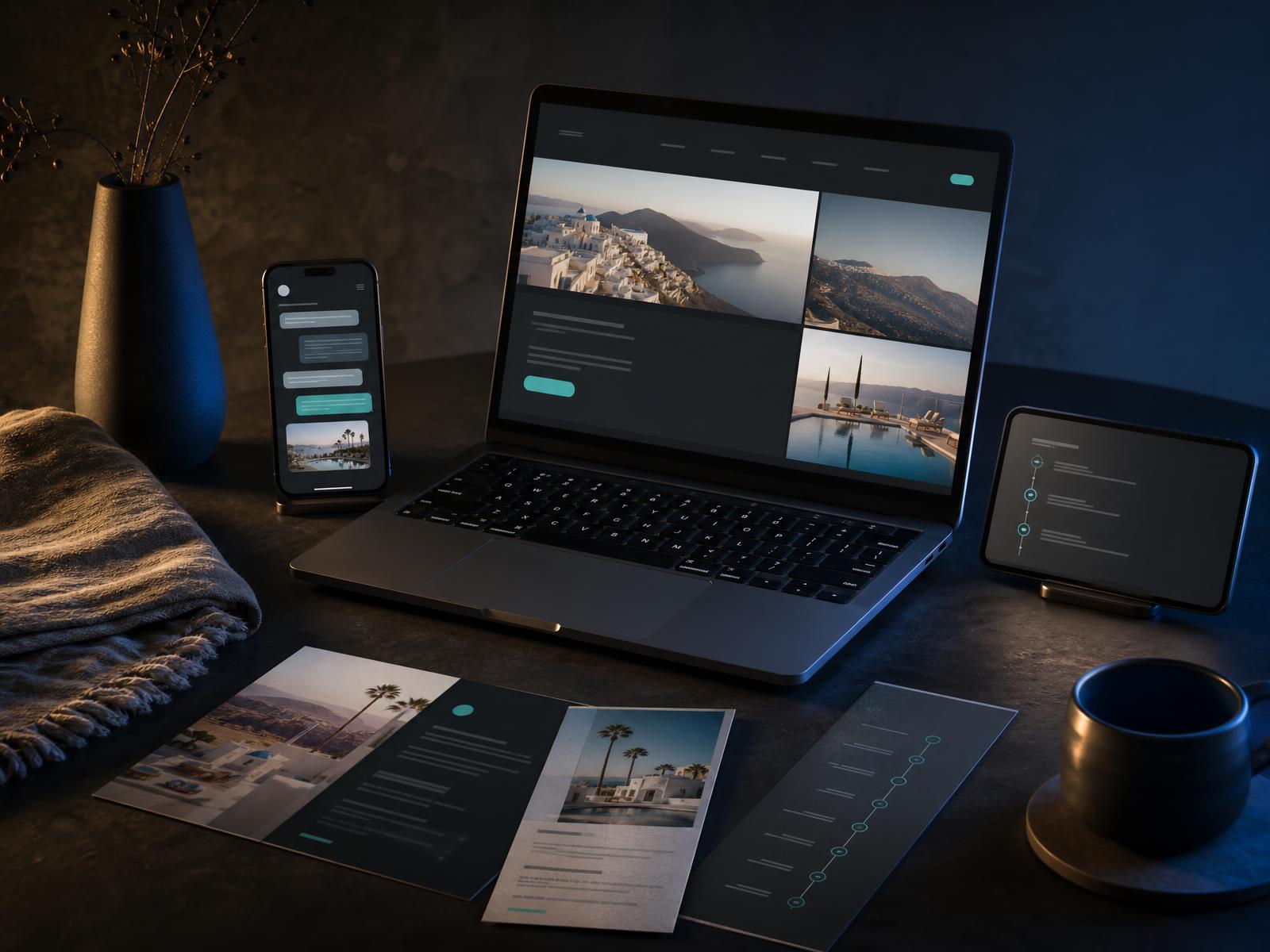 Composición con laptop, teléfono, tablet y material impreso de una agencia de viajes